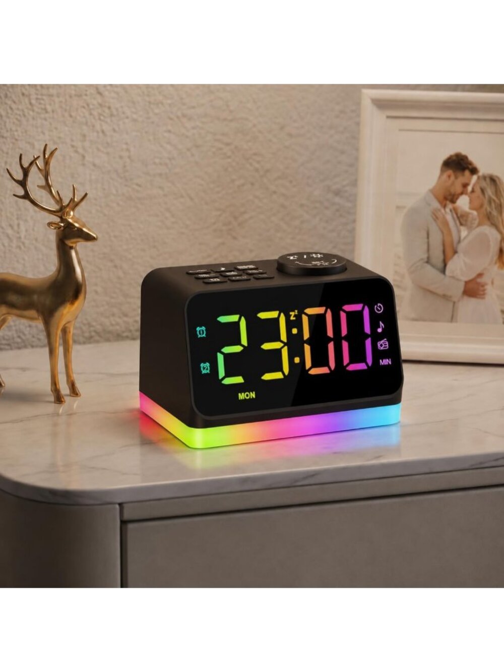 Digital Alarm Clock with FM Radio, 8-Color Night Light, USB Charging, Dual Alarm